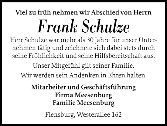 Traueranzeige von Frank Schulze von Flensburger Tageblatt