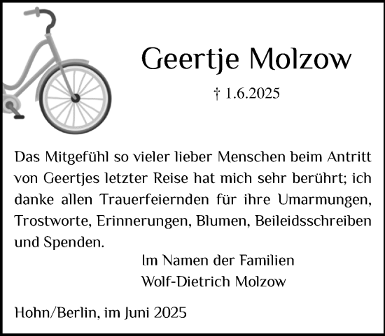 Traueranzeige von Geertje Molzow von Schleswig-Holsteinische Landeszeitung