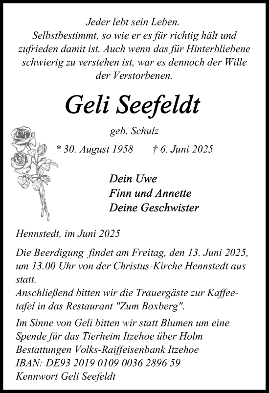 Traueranzeige von Geli Seefeldt von Schleswig-Holsteinische Landeszeitung