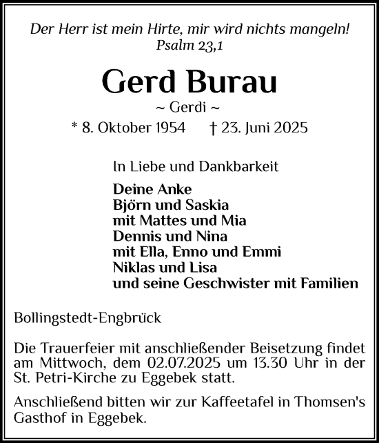 Traueranzeige von Gerd Burau von Region Flensburg