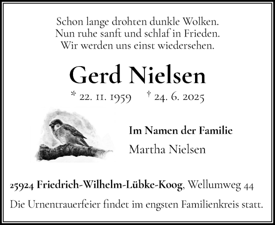 Traueranzeige von Gerd Nielsen von Husumer Nachrichten, Nordfriesland Tageblatt