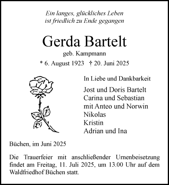Traueranzeige von Gerda Bartelt von Wochenend Anzeiger