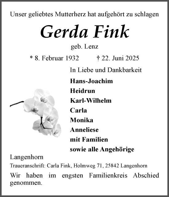 Traueranzeige von Gerda Fink von Husumer Nachrichten, Nordfriesland Tageblatt