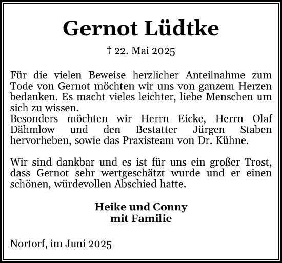 Traueranzeige von Gernot Lüdtke von Schleswig-Holsteinische Landeszeitung