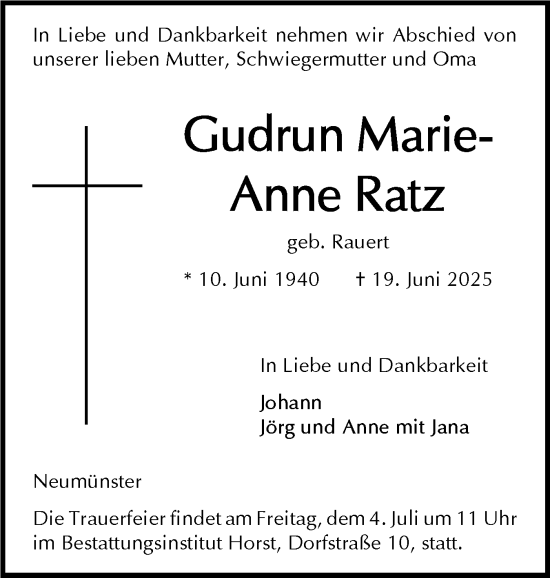 Traueranzeige von Gudrun Marie-Anne Ratz von Holsteinischer Courier