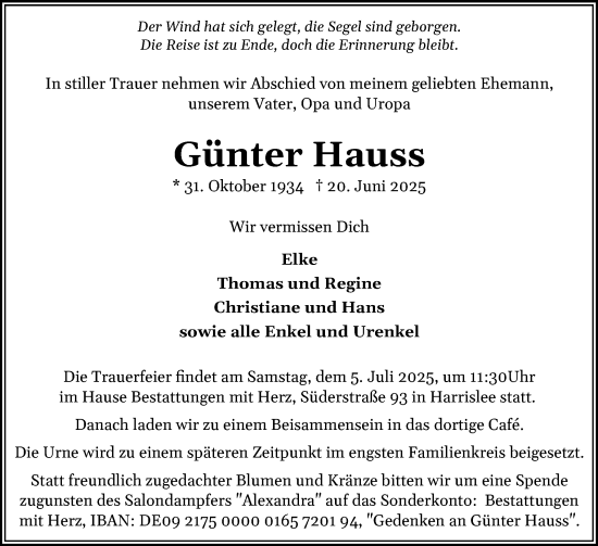Traueranzeige von Günter Hauss von Flensburger Tageblatt