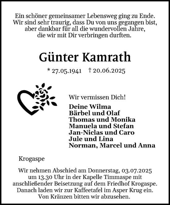 Traueranzeige von Günter Kamrath von Holsteinischer Courier