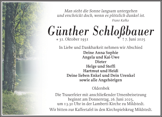 Traueranzeige von Günther Schloßbauer von Husumer Nachrichten, Nordfriesland Tageblatt
