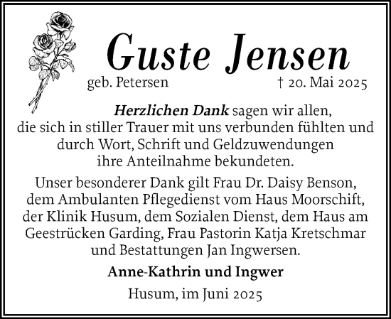 Traueranzeige von Guste Jensen von Husumer Nachrichten, Nordfriesland Tageblatt