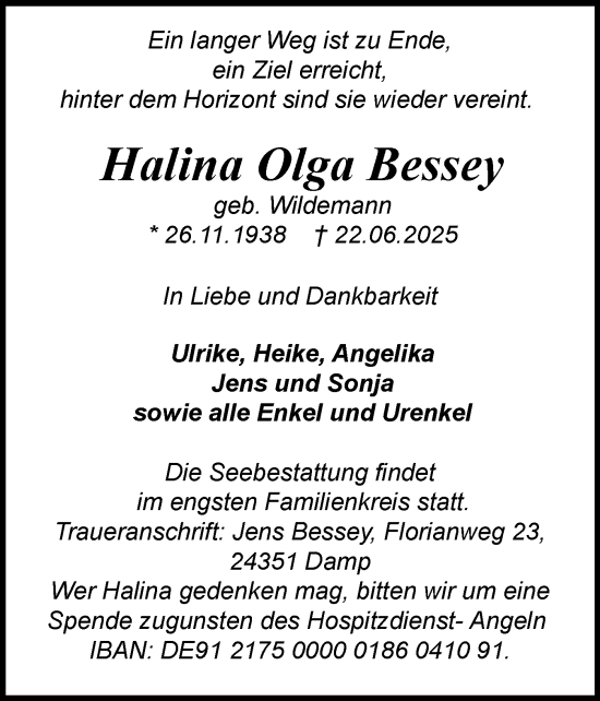 Traueranzeige von Halina Olga Bessey von Flensburger Tageblatt, Schleswiger Nachrichten, Schlei-Bote