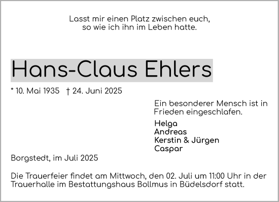 Traueranzeige von Hans-Claus Ehlers von Schleswig-Holsteinische Landeszeitung
