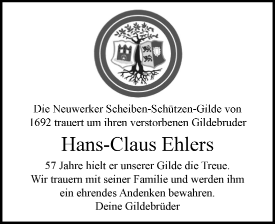 Traueranzeige von Hans-Claus Ehlers von Schleswig-Holsteinische Landeszeitung