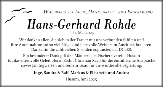 Traueranzeige von Hans-Gerhard Rohde von Husumer Nachrichten, Nordfriesland Tageblatt