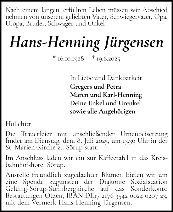 Traueranzeige von Hans-Henning Jürgensen von Flensburger Tageblatt