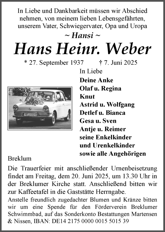 Traueranzeige von Hans Weber von Husumer Nachrichten, Nordfriesland Tageblatt