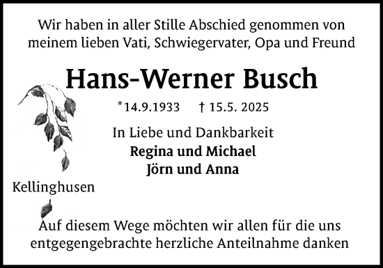 Traueranzeige von Hans-Werner Busch von Norddeutsche Rundschau, Wilstersche Zeitung, Glückstädter Fortuna