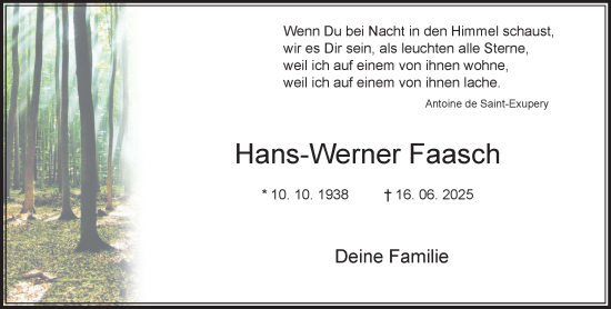 Traueranzeige von Hans-Werner Faasch von MARKT Bad Oldesloe/Reinfeld und Stormarner Tageblatt