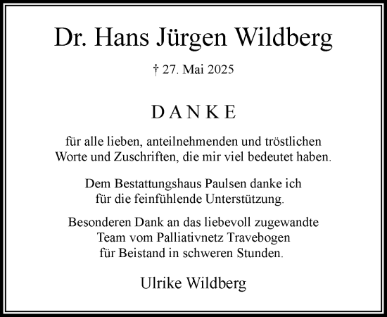 Traueranzeige von Hans Jürgen Wildberg von MARKT Bad Oldesloe/Reinfeld und Stormarner Tageblatt