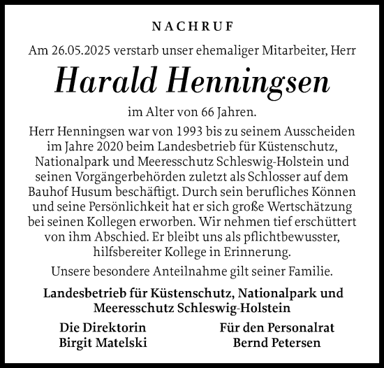 Traueranzeige von Harald Henningsen von Region Westküste