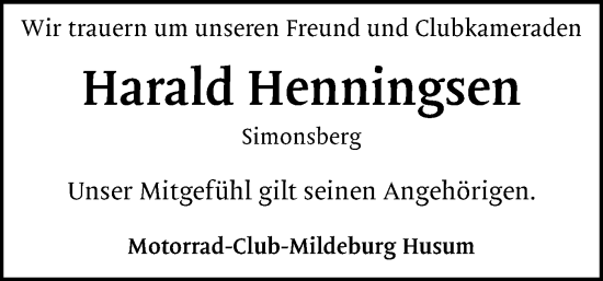 Traueranzeige von Harald Henningsen von Husumer Nachrichten, Nordfriesland Tageblatt