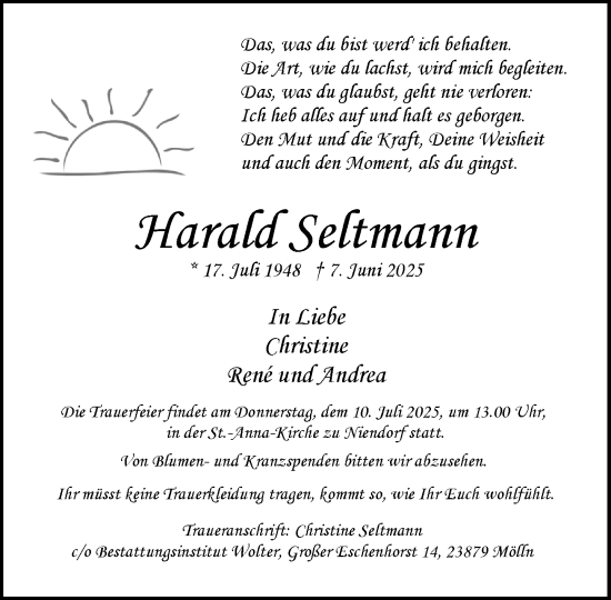Traueranzeige von Harald Seltmann von MARKT Ratzeburg/Mölln