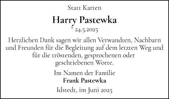 Traueranzeige von Harry Pastewka von Schleswiger Nachrichten, Schlei-Bote