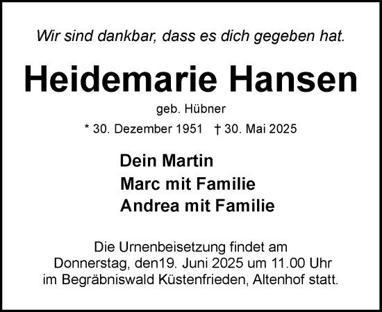 Traueranzeige von Heidemarie Hansen von Eckernförder Zeitung, Hallo Eckernförde