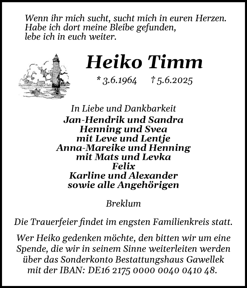 Traueranzeige für Heiko Timm vom 14.06.2025 aus Husumer Nachrichten, Nordfriesland Tageblatt