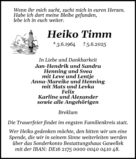 Traueranzeige von Heiko Timm von Husumer Nachrichten, Nordfriesland Tageblatt