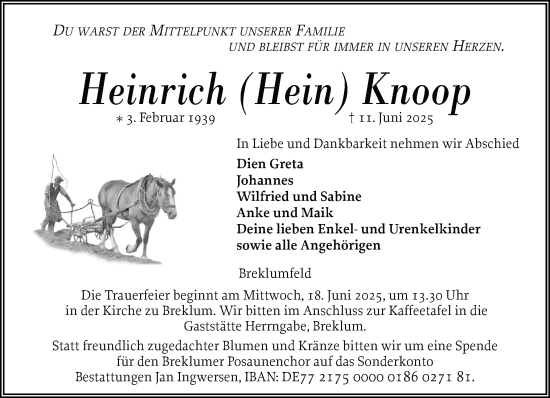 Traueranzeige von Heinrich Knoop von Husumer Nachrichten, Nordfriesland Tageblatt