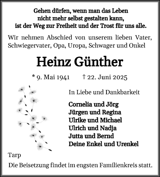 Traueranzeige von Heinz Günther von Flensburger Tageblatt
