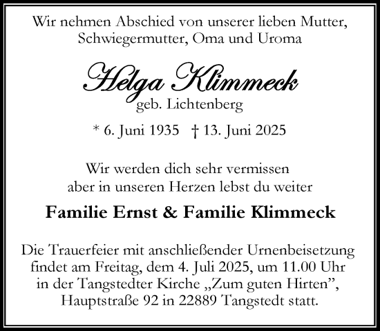 Traueranzeige von Helga Klimmeck von Heimatspiegel