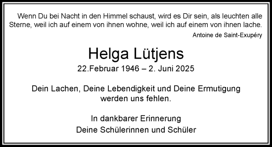 Traueranzeige von Helga Lütjens von MARKT Ahrensburg/Bargteheide/Trittau und Stormarner Tageblatt