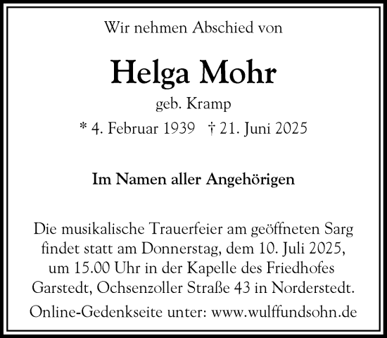 Traueranzeige von Helga Mohr von Heimatspiegel