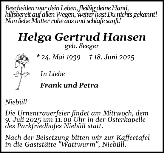 Traueranzeige von Helga Gertrud Hansen von Husumer Nachrichten, Nordfriesland Tageblatt