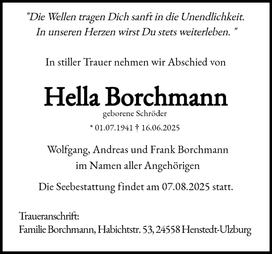 Traueranzeige von Hella Borchmann von Holsteinischer Courier