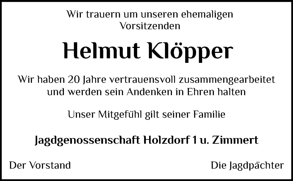  Traueranzeige für Helmut Klöpper vom 28.06.2025 aus Eckernförder Zeitung, Hallo Eckernförde