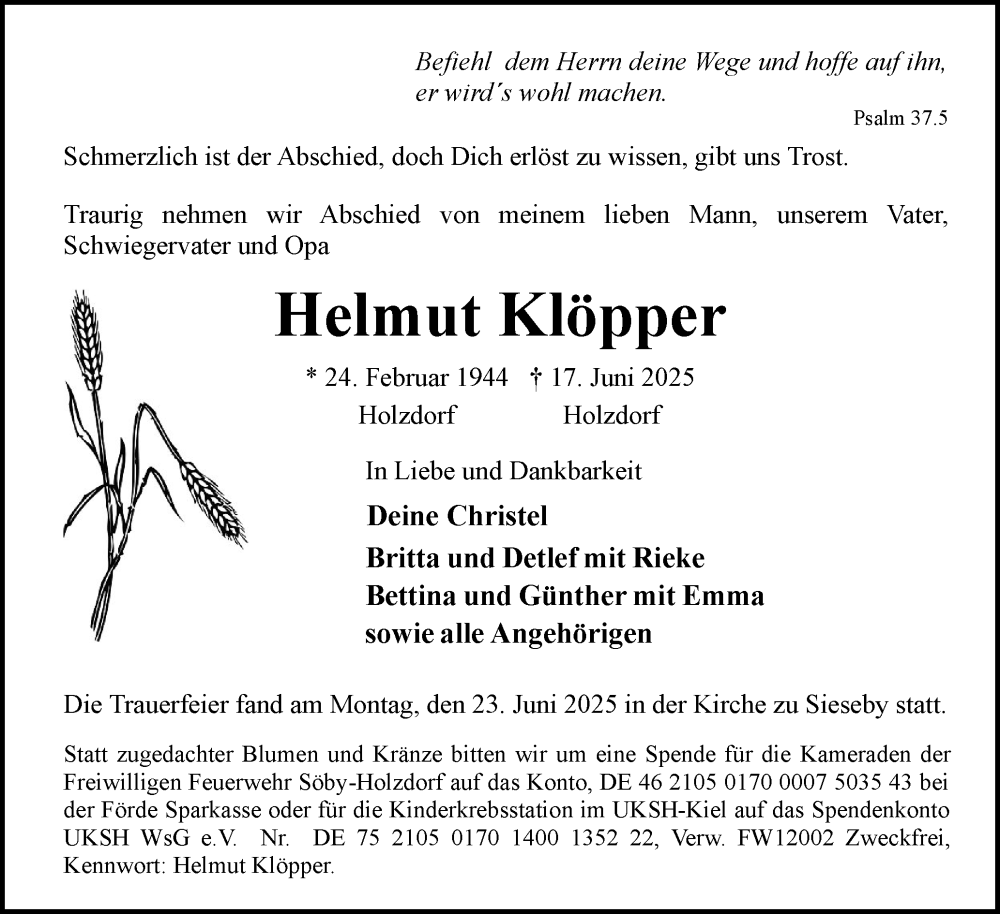  Traueranzeige für Helmut Klöpper vom 28.06.2025 aus Hallo Eckernförde