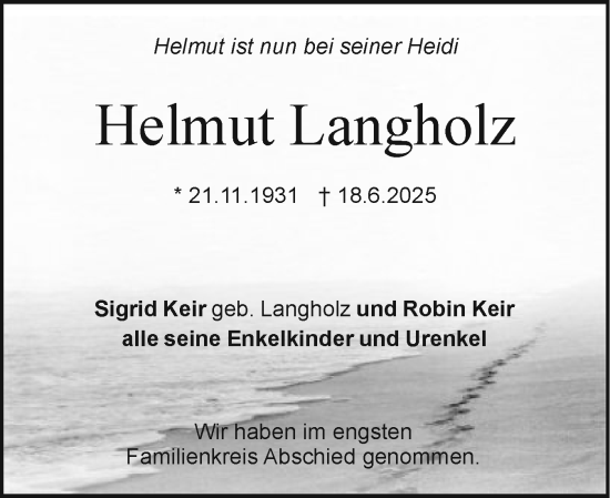 Traueranzeige von Helmut Langholz von Holsteinischer Courier