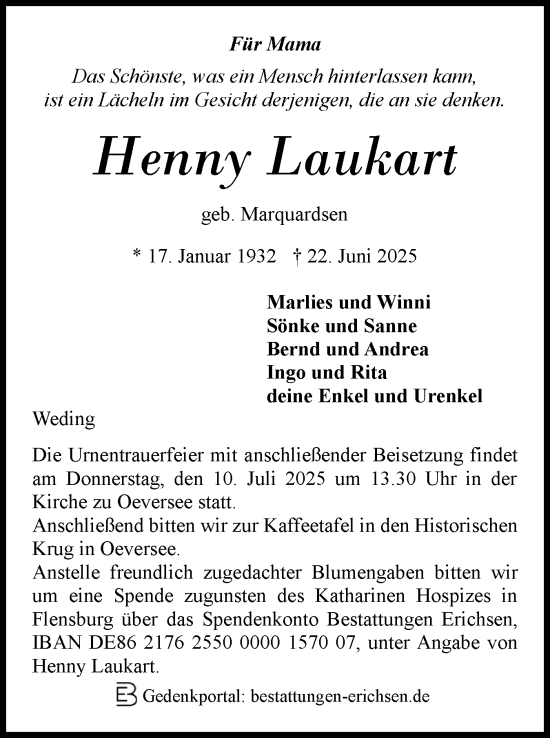 Traueranzeige von Henny Laukart von Flensburger Tageblatt