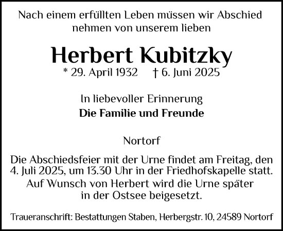 Traueranzeige von Herbert Kubitzky von Schleswig-Holsteinische Landeszeitung