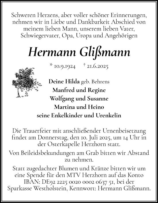 Traueranzeige von Hermann Glißmann von Norddeutsche Rundschau, Wilstersche Zeitung, Glückstädter Fortuna