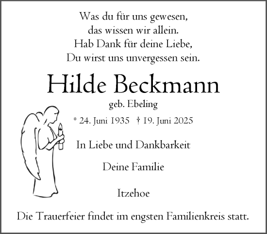 Traueranzeige von Hilde Beckmann von Norddeutsche Rundschau, Wilstersche Zeitung, Glückstädter Fortuna