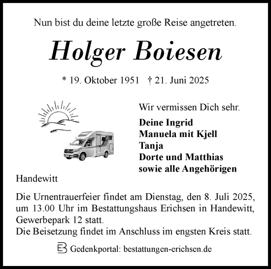 Traueranzeige von Holger Boiesen von Flensburger Tageblatt