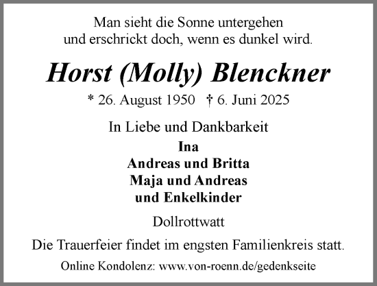 Traueranzeige von Horst Blenckner von Schleswiger Nachrichten, Schlei-Bote