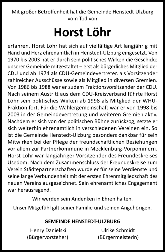 Traueranzeige von Horst Löhr von Umschau