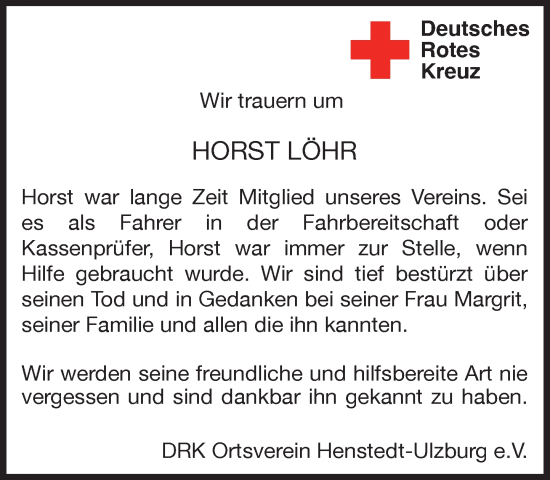 Traueranzeige von Horst Löhr von Umschau