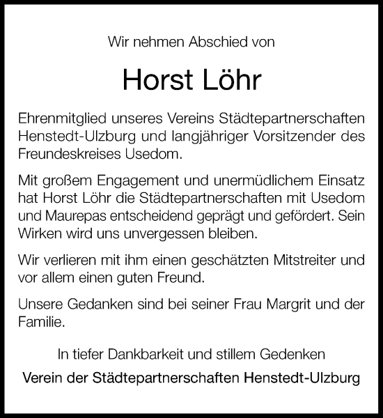 Traueranzeige von Horst Löhr von Umschau