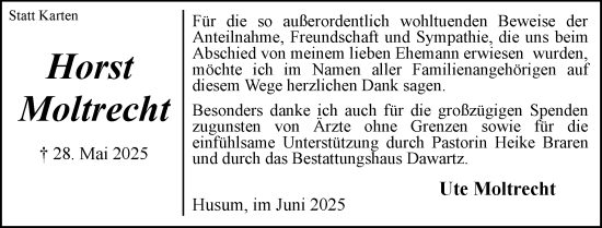 Traueranzeige von Horst Moltrecht von Husumer Nachrichten, Nordfriesland Tageblatt