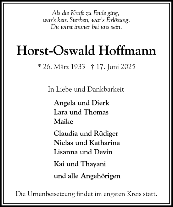 Traueranzeige von Horst-Oswald Hoffmann von Heimatspiegel